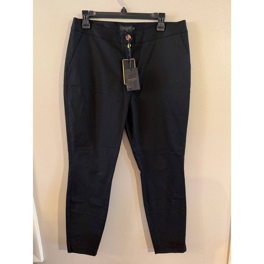 Ted Baker London Black Slim Fit Ankle Slit Trousers Rose Gold Button Size 4 NEW